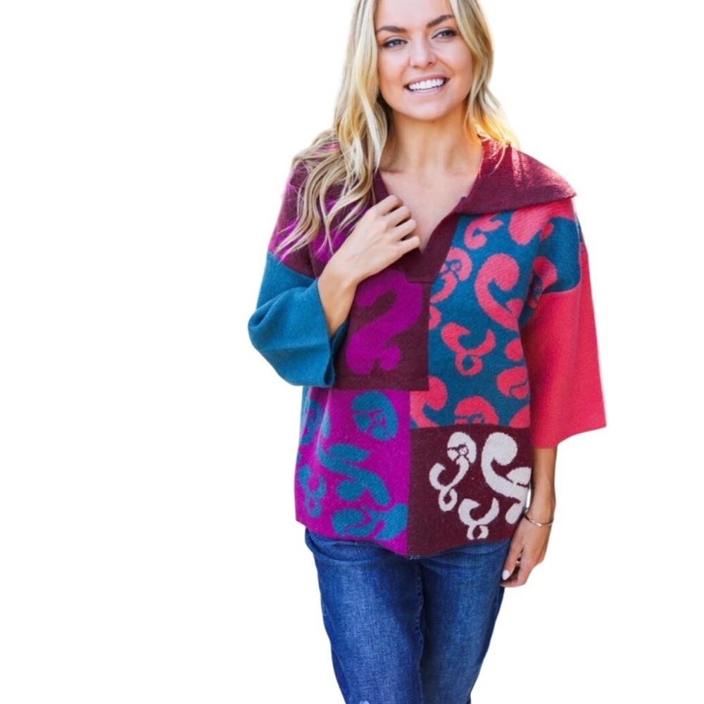 Entro Patchwork Pullover Sweater 3/4 Sleeve Bold Colors Funky Knit Top
